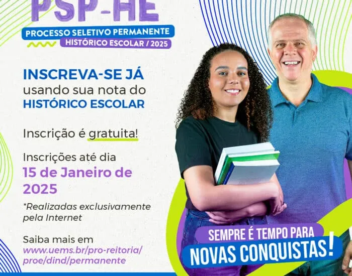 Processo Seletivo Permanente UEMS 2025. Acompanhe as Redes Sociais da UEMS.