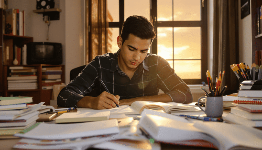 Estudante jovem estudando em uma mesa com livros abertos, sol brilhante visível através da janela, simbolizando esperança e determinação em um espaço de estudo aconchegante.