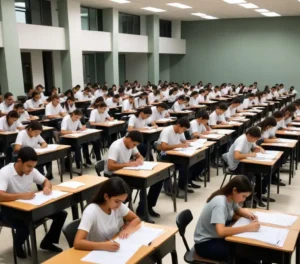 Candidatos realizando as provas objetivas do vestibular da UFRGS, um exame conhecido por sua abordagem conceitual e aprofundada.