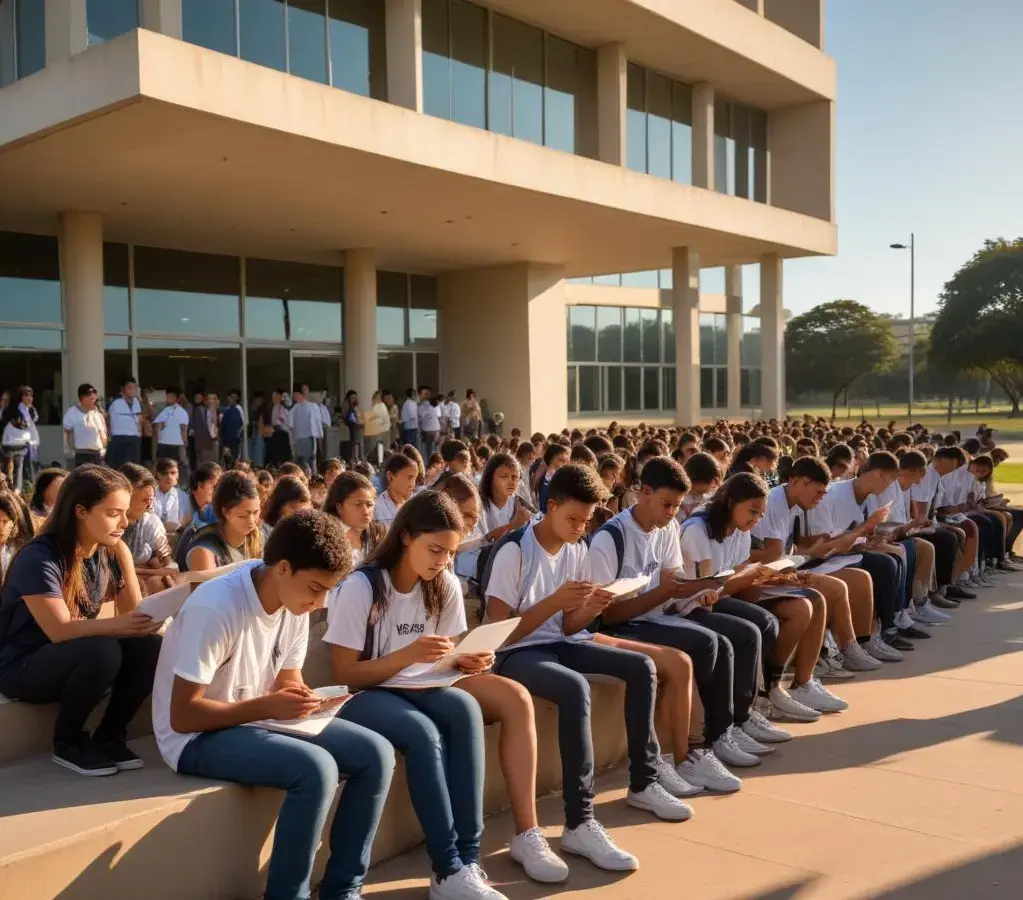 Candidatos aguardam a abertura dos portões do Enem em Brasília, demonstrando determinação antes do primeiro dia de provas.
