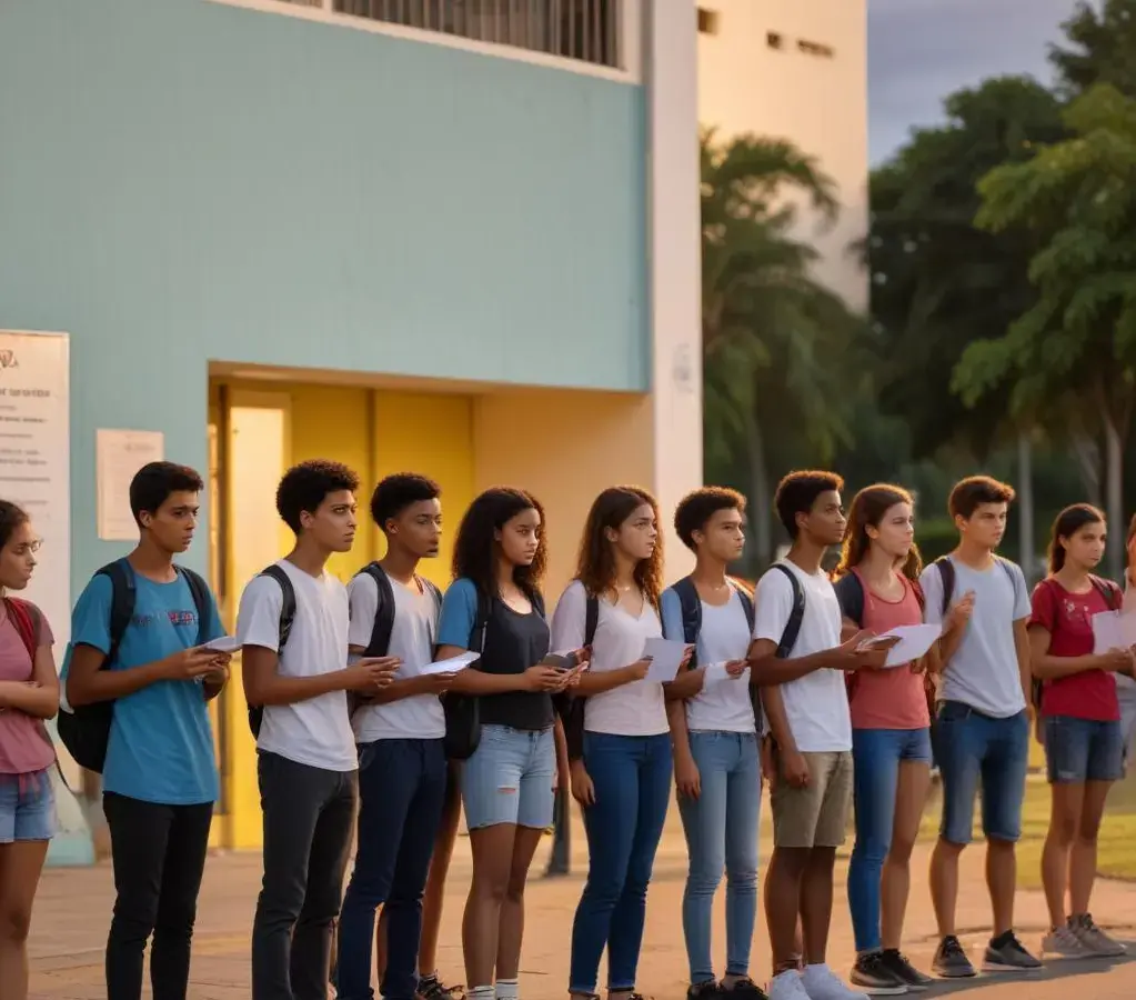 Candidatos aguardam a abertura dos portões para as provas do vestibulinho da Escola 1º de Maio em Guarujá.