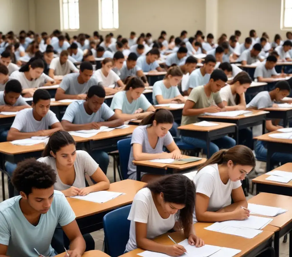 Candidatos concentrados durante a aplicação da primeira fase do Vestibular Unesp 2026, onde a interdisciplinaridade marcou as questões mais desafiadoras.