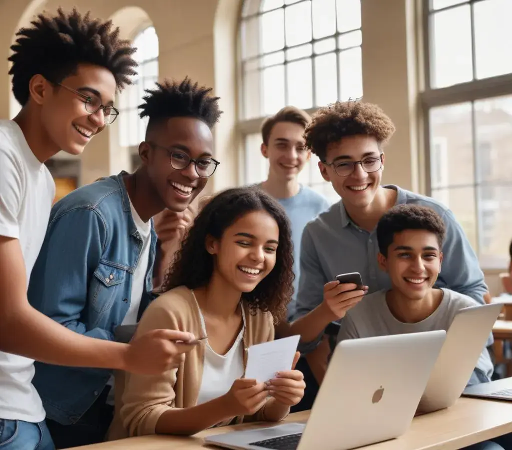 Estudantes consultam os resultados dos pedidos de isenção e redução da taxa para o Unesp-Enem 2026, celebrando a oportunidade de ingresso no ensino superior.