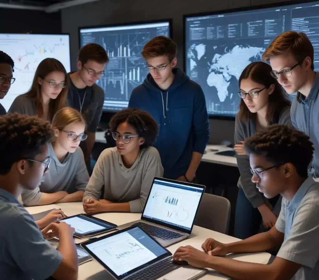 Estudantes utilizam **tecnologia** avançada para analisar informações e combater a **desinformação**, em um cenário que reflete o tema da redação Fatec 2026.