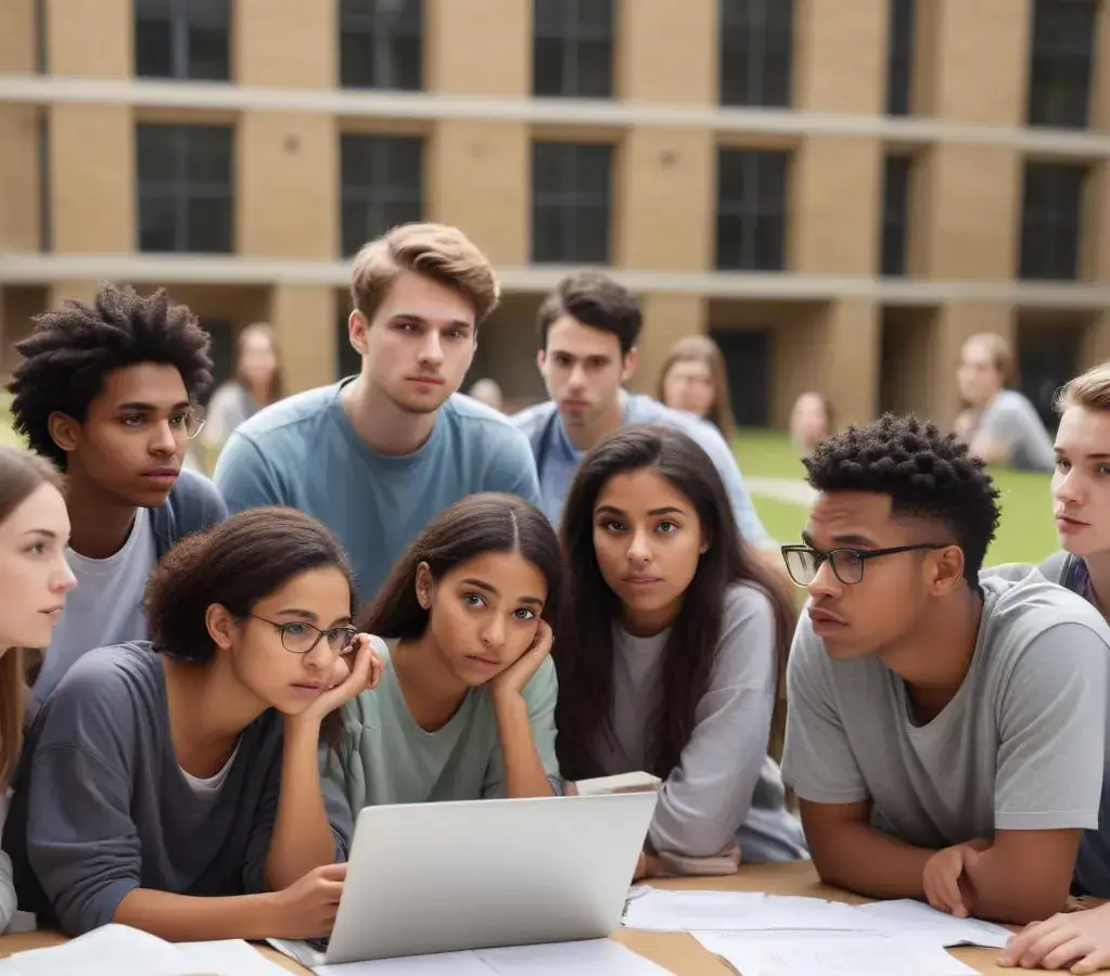 Estudantes em frente a um computador, acompanhando a divulgação dos resultados preliminares do Vestibular Unificado UFSC/IFSC/IFC 2026, com expressões de expectativa e alívio.