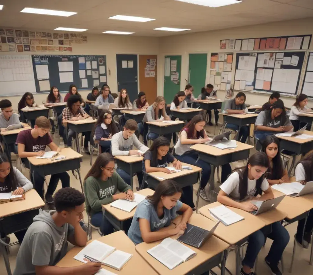 Estudantes do ensino médio engajados em um ambiente de estudo, preparando-se de forma contínua para o vestibular seriado, que avalia o aprendizado ao longo dos anos.