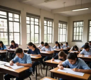 Estudantes realizam segunda fase do vestibular da Unesp 2026 em sala de aula.