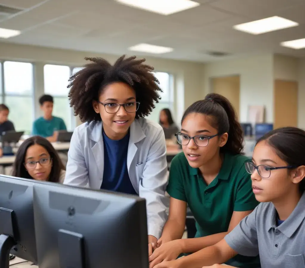 Estudantes utilizam recursos tecnológicos em um ambiente moderno da Fatec, exemplificando o foco da instituição no ensino superior em tecnologia.