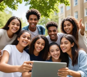 Estudantes comemoram ou analisam as notas de corte do Enem-USP 2026 em um campus universitário.