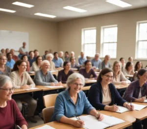 Estudantes idosos participam ativamente de uma aula universitária, simbolizando a inclusão etária promovida pela UFMS.
