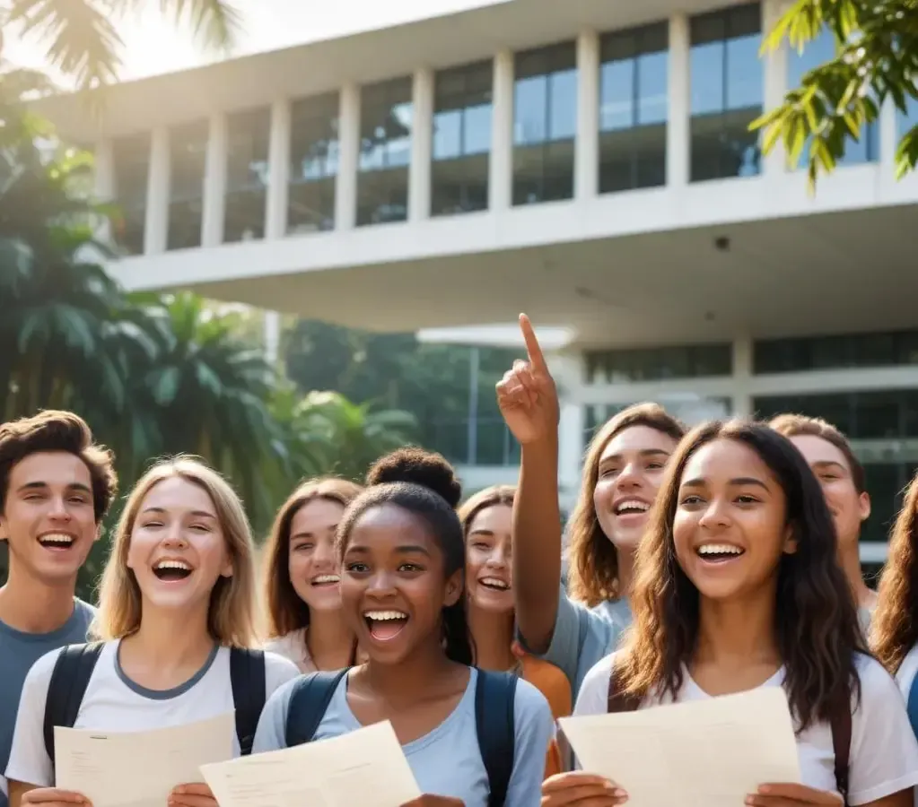 Estudantes em frente a um mural ou tela, ansiosos pelos resultados do vestibular da UFPA.