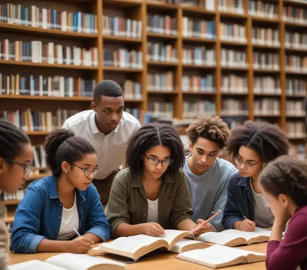 Estudantes concentrados em uma biblioteca, preparando-se com a nova lista de obras para o **Vestibular 2027 UFPR**, que inclui modificações importantes em Literatura, Filosofia e Sociologia.