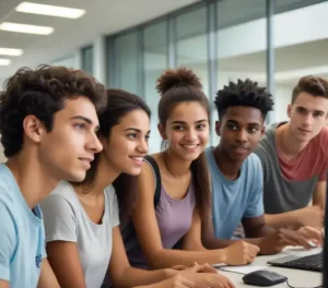 Estudantes em um corredor universitário, refletindo a esperança e a **competitividade** do **SiSU 2026** e a busca por uma vaga no ensino superior.