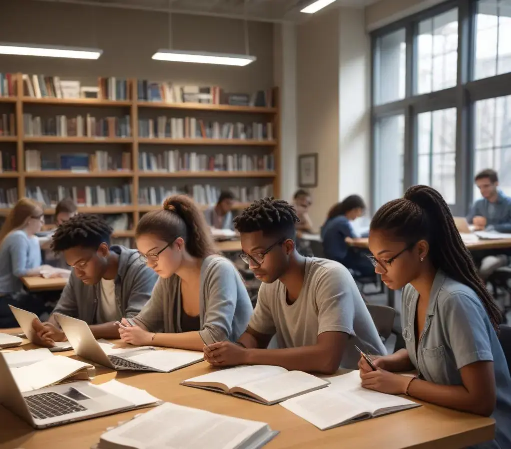 Estudantes se dedicam aos estudos em uma biblioteca universitária, preparando-se para o desafiador Vestibular FCMSCSP 2026.