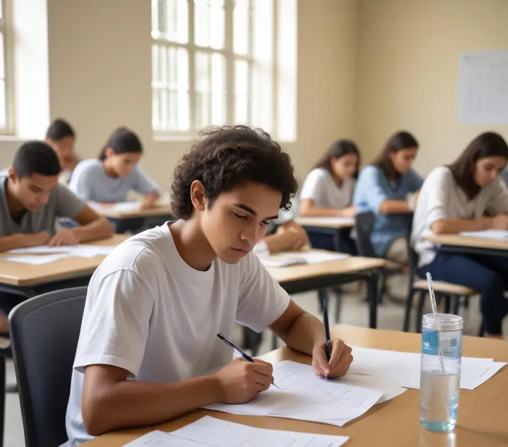 Estudante focado realiza a prova de conhecimentos gerais do Vestibular UEMG 2026, com todos os materiais organizados e conforme as regras do edital.