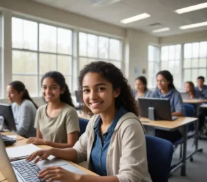 Estudantes utilizam computadores para realizar a matrícula online do Vestibular das Fatecs, acessando as oportunidades de educação tecnológica em São Paulo.