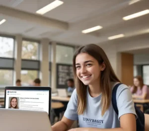 Estudante verifica o resultado do vestibular FGV em seu computador, ansioso(a) por uma vaga nos cursos da instituição.