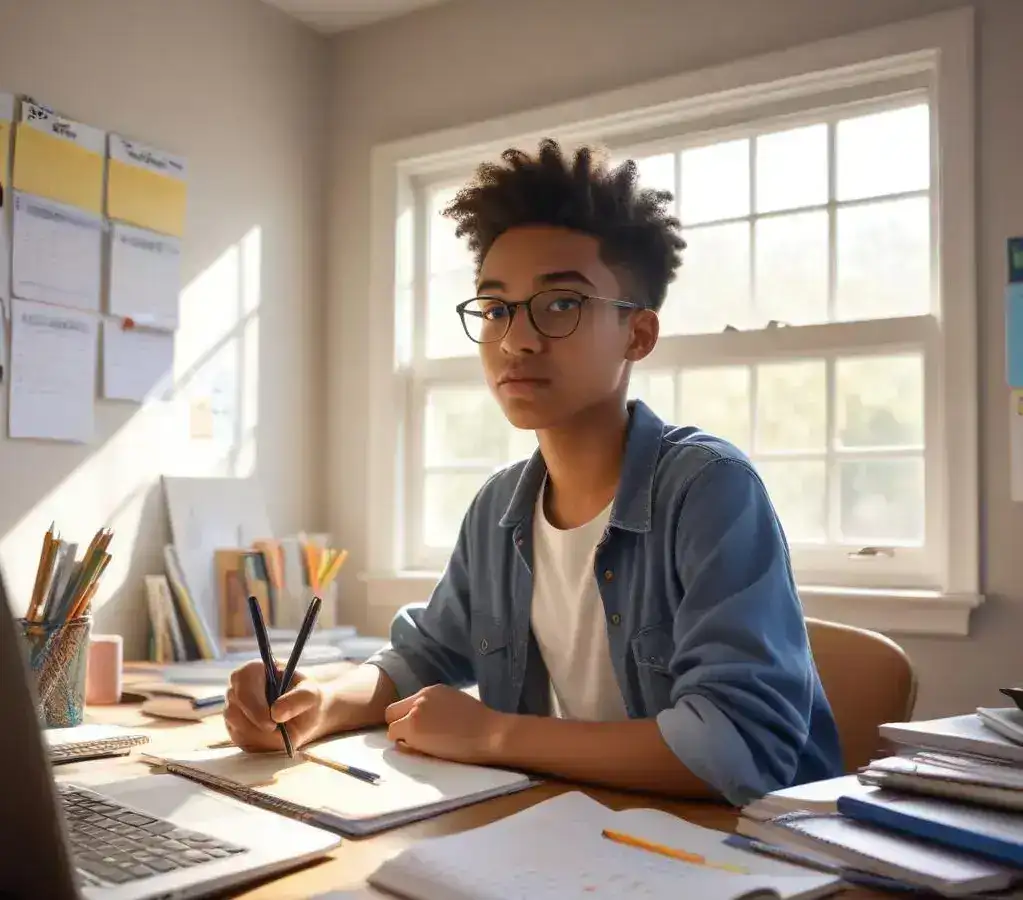 Um estudante concentrado revisa seu plano de estudos para o vestibular 2026, com foco total na preparação pós-Carnaval.