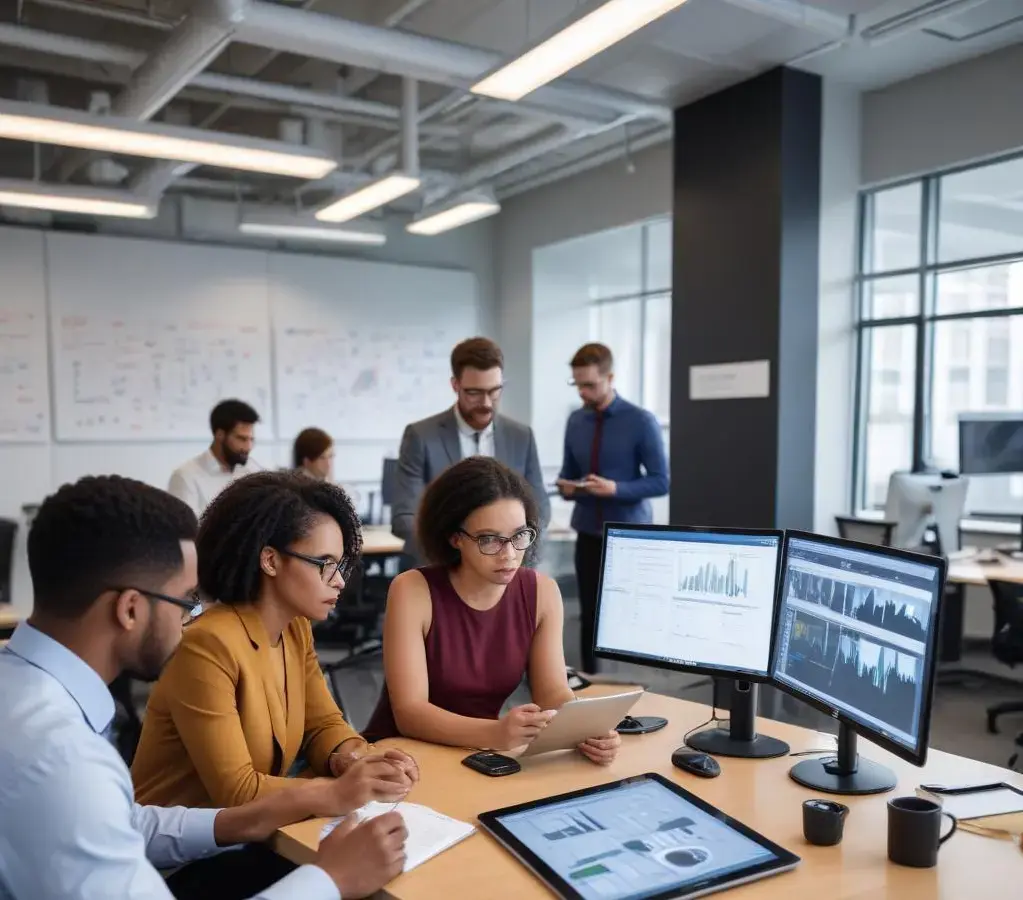 Profissionais em diversas áreas de atuação, representando as **profissões em alta para apostar em 2026** e o dinamismo do mercado de trabalho.