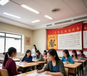 Estudantes em uma aula de língua e cultura chinesas na Unesp, representando a inovação e o intercâmbio cultural promovidos pelo novo curso.