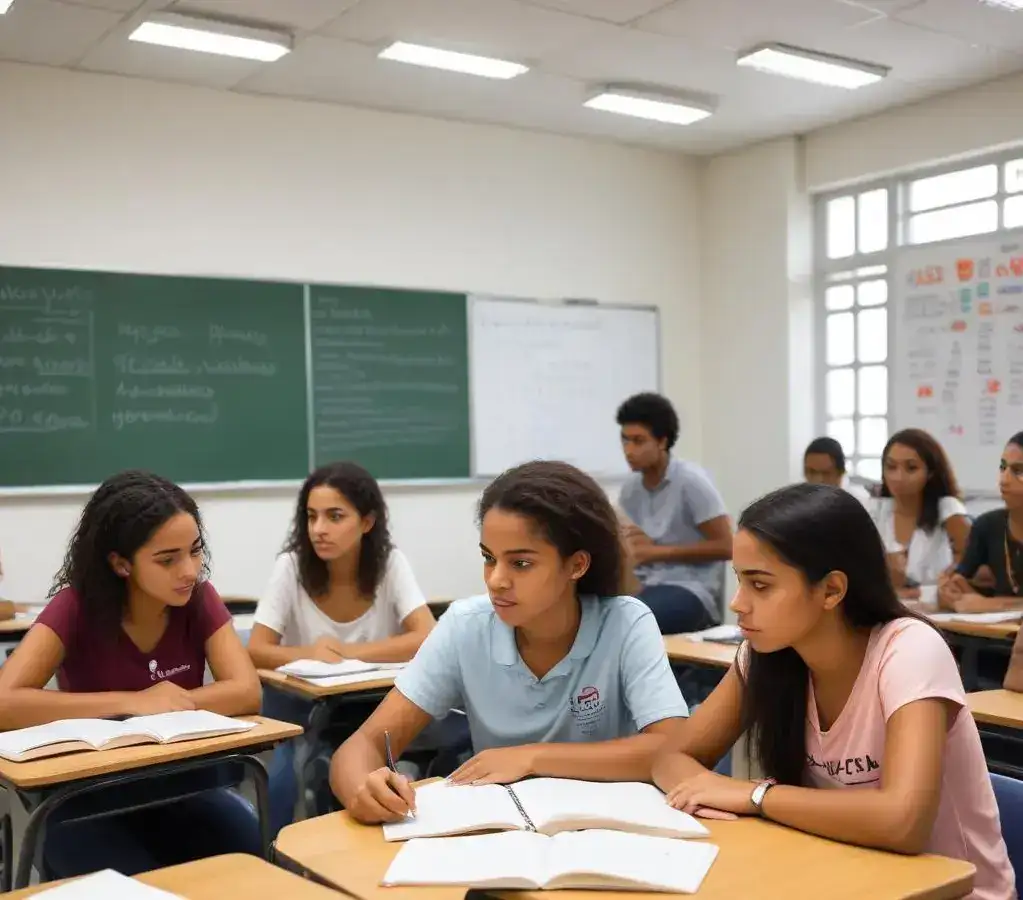 Estudantes empenhados em cursinho popular, vislumbrando o acesso ao ensino superior via **Vestibular Uerj 2027**.