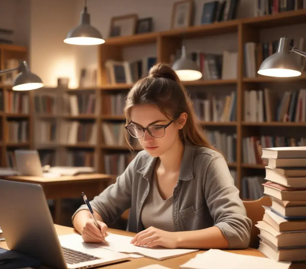 Estudante revisa conteúdos utilizando a técnica de revisão espaçada, com anotações e ferramentas digitais para otimizar a memorização. A organização é fundamental para o sucesso nos estudos.