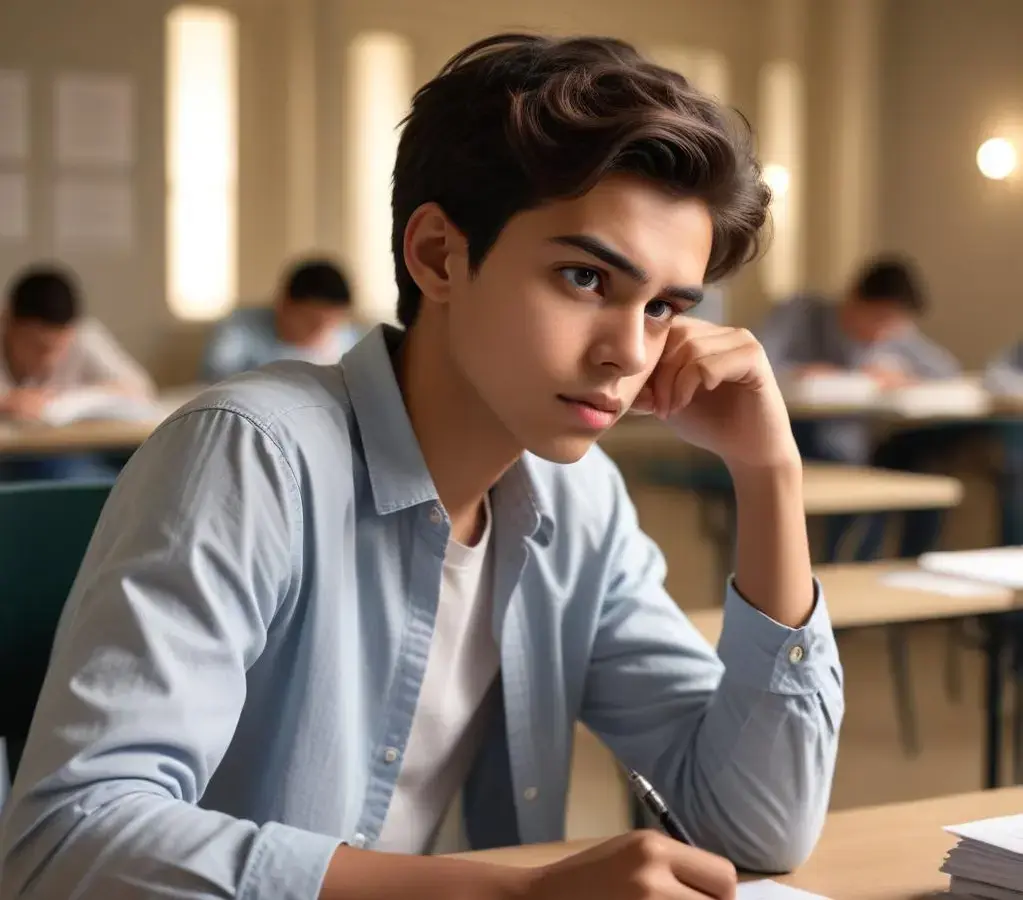 Estudante revisa redação, simbolizando a pressão e os desafios dos critérios de avaliação do Enem.