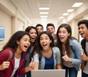 Estudantes empolgados conferem a lista de aprovados na segunda chamada do Vestibular Unesp 2026, celebrando a oportunidade de ingresso no ensino superior.