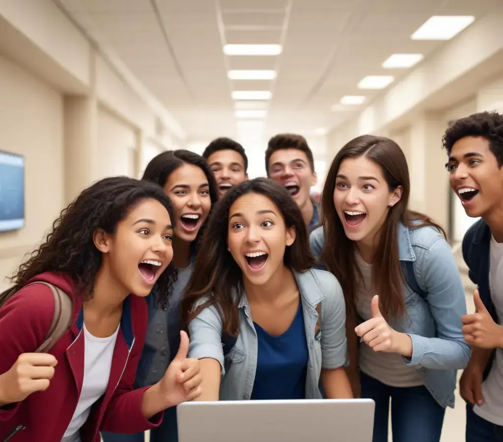 Estudantes empolgados conferem a lista de aprovados na segunda chamada do Vestibular Unesp 2026, celebrando a oportunidade de ingresso no ensino superior.
