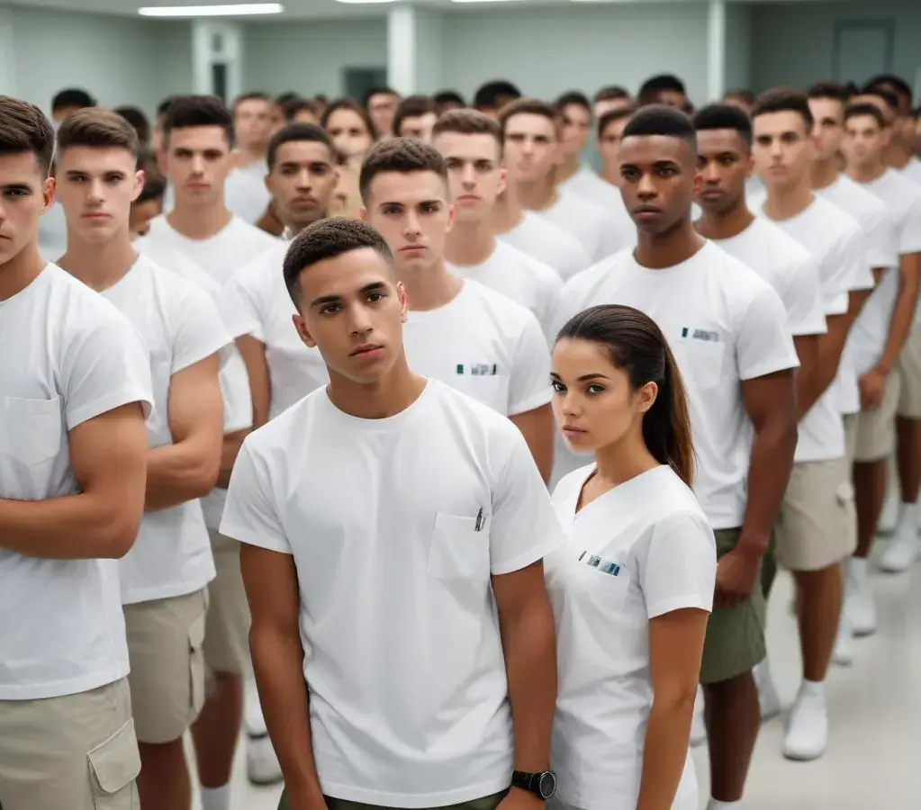 Candidatos da Turma II do FN 2025 aguardam a etapa da Inspeção de Saúde em um centro médico militar, momento crucial para a sua jornada na Marinha do Brasil.