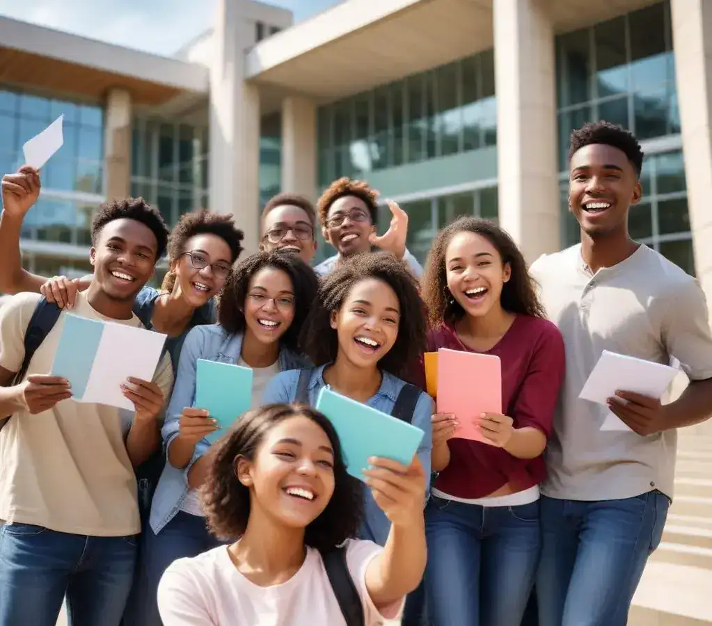 Jovens estudantes celebram suas admissões na UFSC, marcando o início de uma nova jornada acadêmica.
