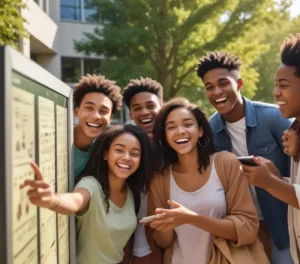 Candidatos do Vestibular UFSM 2026 celebram a divulgação dos resultados em frente a um prédio universitário, simbolizando o início de uma nova jornada acadêmica.