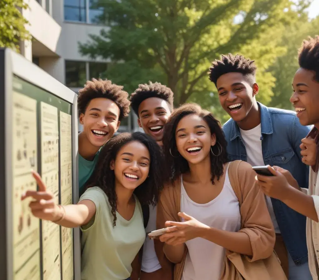 Candidatos do Vestibular UFSM 2026 celebram a divulgação dos resultados em frente a um prédio universitário, simbolizando o início de uma nova jornada acadêmica.