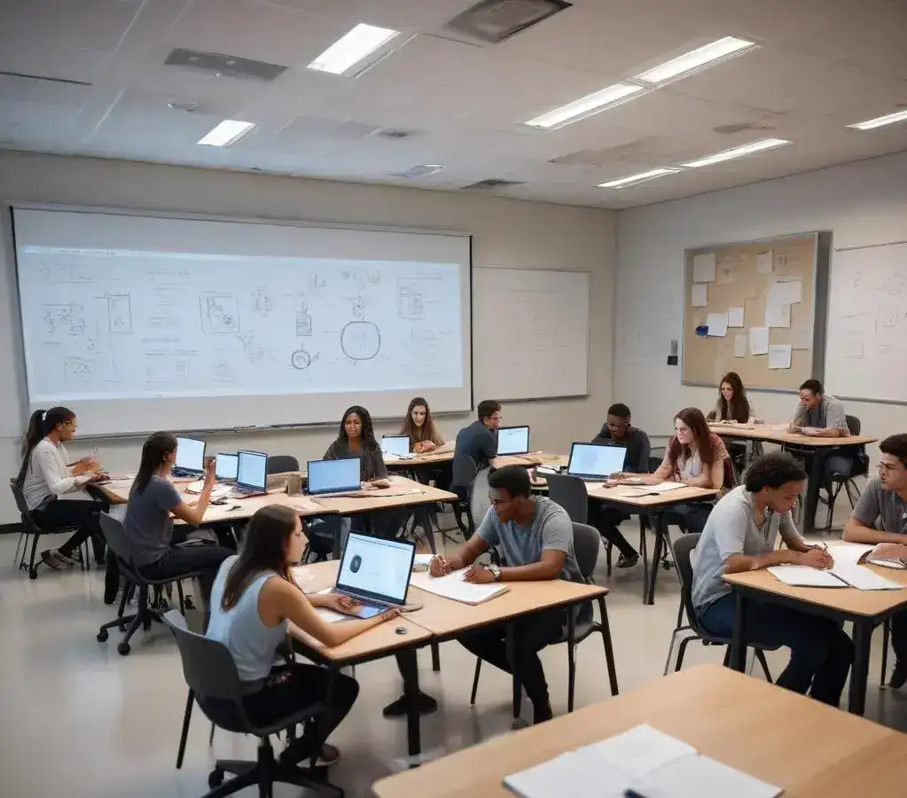 Estudantes empenhados em ambiente colaborativo, simbolizando o aprendizado e as inovações, como o novo curso de Inteligência Artificial, oferecidas pela Univesp no Vestibular 2026.