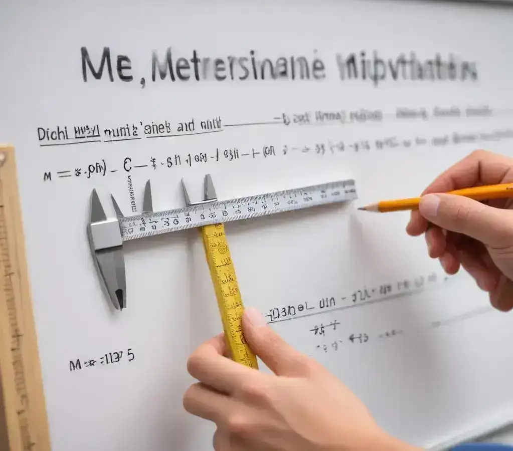 Um estudante ou profissional utilizando ferramentas de medição para converter milímetros em metros, destacando a precisão necessária em cálculos de comprimento.
