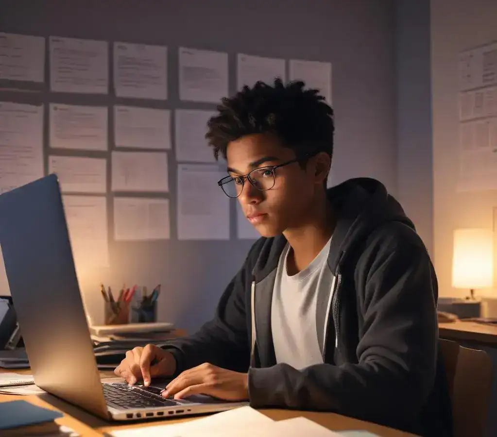 Estudante focado em seus materiais de estudo, correndo contra o tempo para o prazo final das inscrições do vestibular PUCPR.