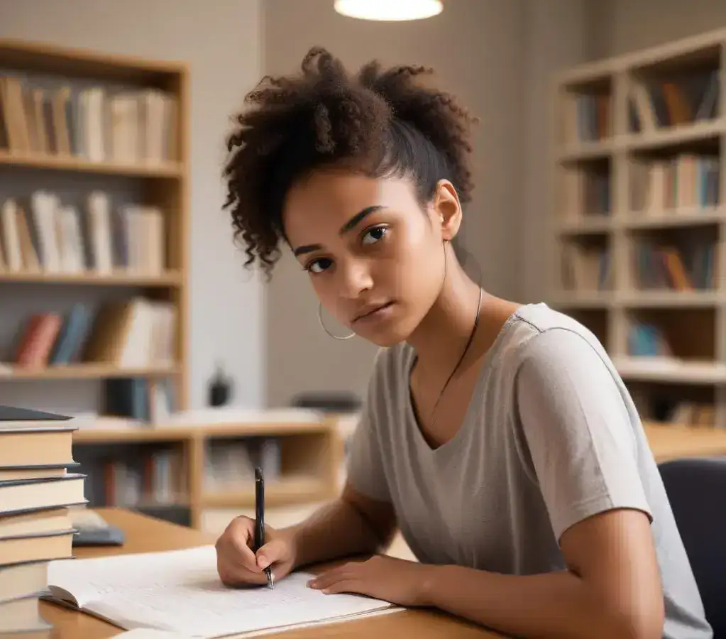 Estudante dedicada em sua rotina de **treino** de **redação para vestibular**, aplicando o *repertório produtivo* adquirido através da *leitura crítica*.