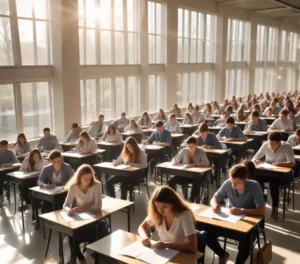 Estudantes concentrados durante a aplicação de prova em formato simplificado, buscando mais eficiência e inclusão no processo seletivo.