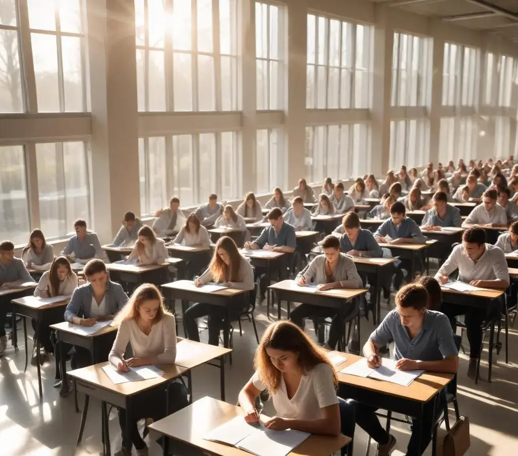 Estudantes concentrados durante a aplicação de prova em formato simplificado, buscando mais eficiência e inclusão no processo seletivo.
