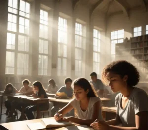 Estudantes dedicados imersos na leitura dos livros obrigatórios para o Vestibular Estadual UERJ 2027, preparando-se para os desafios do ingresso universitário.