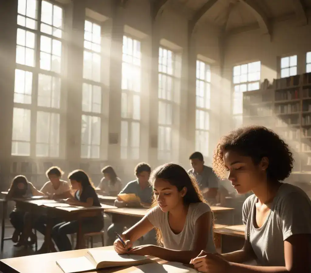 Estudantes dedicados imersos na leitura dos livros obrigatórios para o Vestibular Estadual UERJ 2027, preparando-se para os desafios do ingresso universitário.