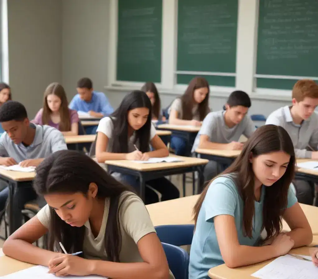 Estudantes concentrados durante a realização de um simulado, buscando a melhor preparação para o desafiador Vestibular Fuvest e a chance de ingressar na USP.