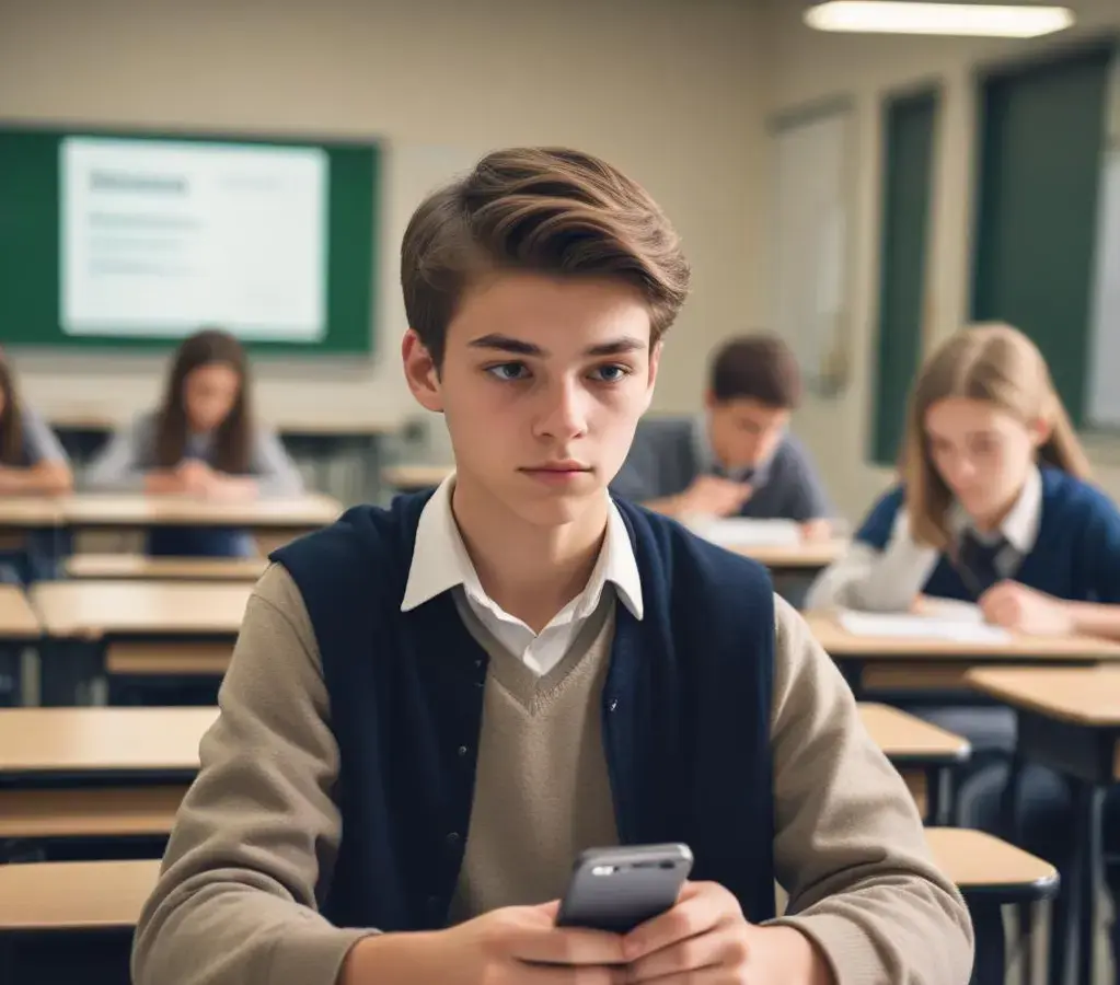 Estudante do ensino médio verifica o status do benefício Pé-de-Meia em seu smartphone, simbolizando o acesso a incentivos financeiros e a inclusão digital no processo educacional.