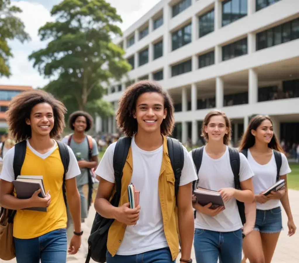 Estudantes caminham pelo campus da Universidade Federal do Pará (UFPA), em Belém. A instituição anunciou a reserva de vagas para pessoas trans, travestis e não-binárias, marcando um avanço na inclusão universitária.