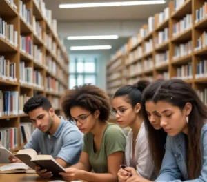 Jovens estudantes revisam as obras literárias divulgadas pela UEM, preparando-se intensamente para o Vestibular de Inverno 2026 em uma biblioteca universitária.