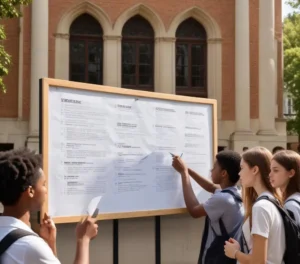 Estudantes em frente a um mural de resultados, buscando seus nomes e as notas de corte da primeira chamada da lista de espera do Vestibular Fuvest 2026.