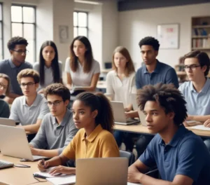 Estudantes utilizam recursos digitais e colaboram em um dos polos da Univesp, aproveitando a flexibilidade e as oportunidades do ensino a distância. A imagem reflete o ambiente de estudo e o acesso à tecnologia da universidade.