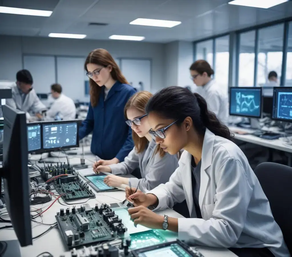 Estudantes em um laboratório de engenharia da USP, colaborando em projetos com componentes eletrônicos, refletindo o foco inovador do novo curso de Engenharia Eletrônica e de Sistemas Computacionais.