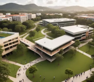 Estudantes em frente a um dos edifícios modernos do campus da Unaerp, em Ribeirão Preto, SP, preparando-se para o novo ciclo acadêmico.
