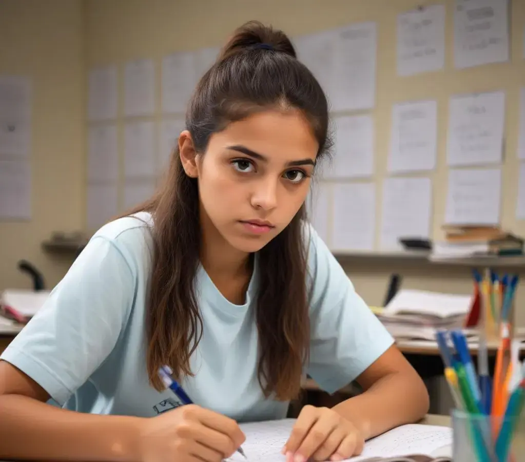 Estudante focado em sua rotina de estudos intensiva para o vestibular do ITA 2027, rodeado por livros e anotações de engenharia.